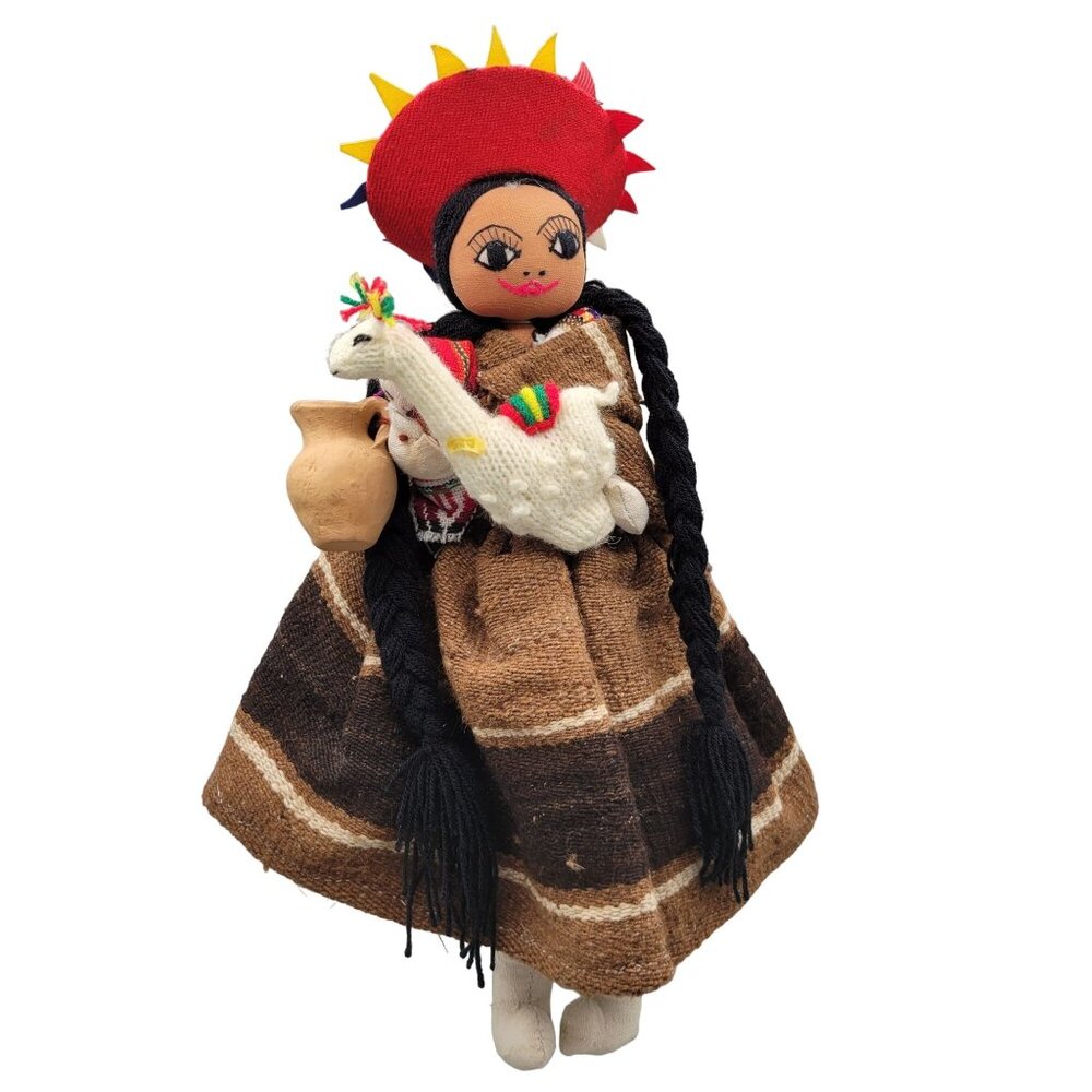 Handmade Peruvian Folk Doll Cloth Llama Clay Pot Doll Long Braids